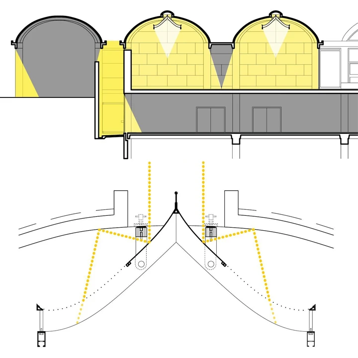 Roof lights and light scoops distribute daylight deep into the interior.