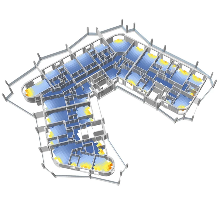 Daylight analysis visualizes how illuminance is distributed across a floor plan.